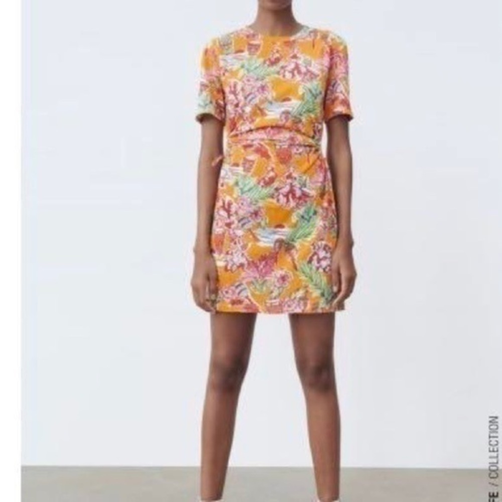 NEW Zara Tropical Floral Cut Out Shirt Dress Orange Size Small NEW